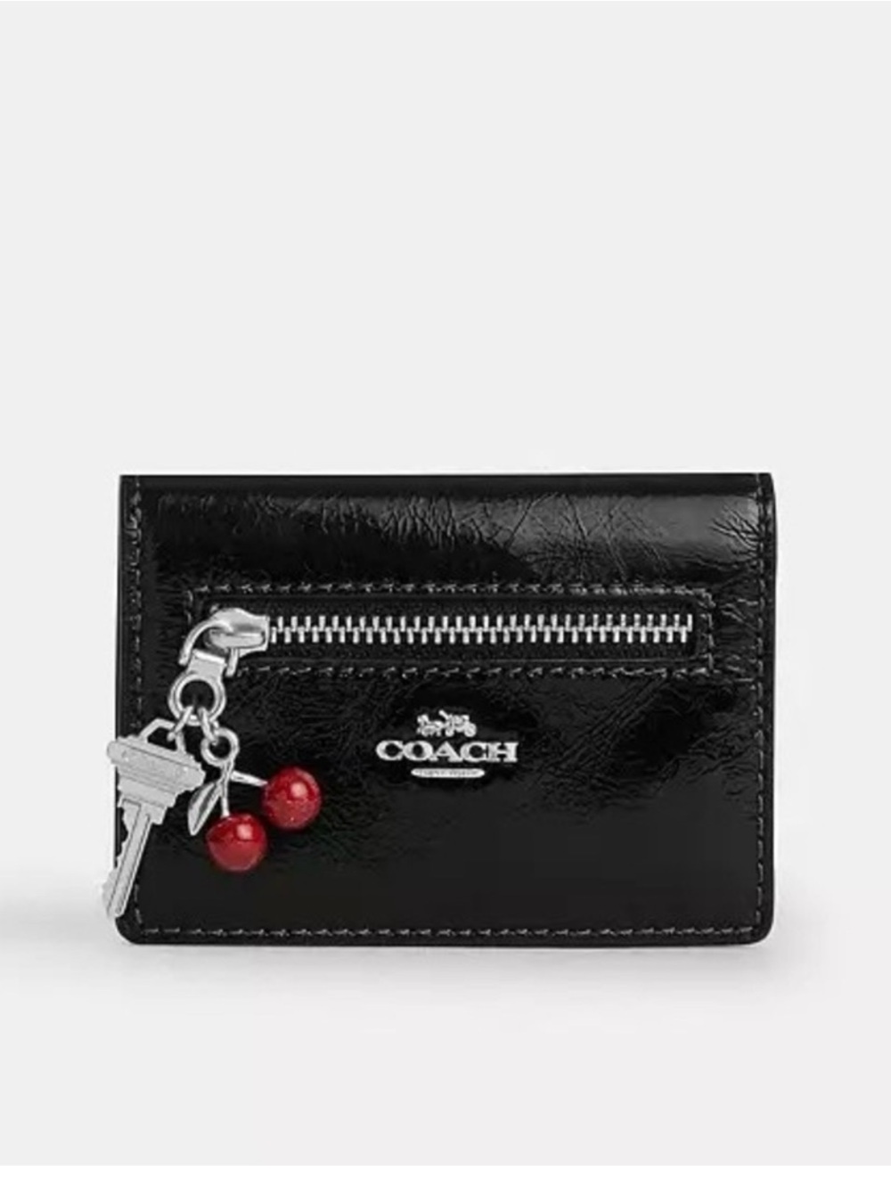 Coach Black Patent Leather Card Holder with Cherry Charm NWT